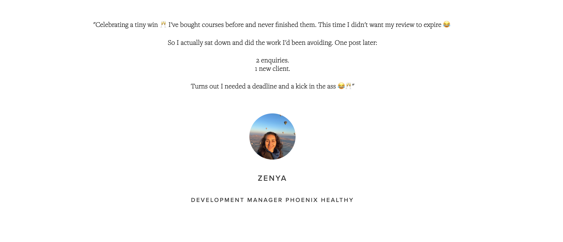 Client testimonial: Celebrating a tiny win — 2 enquiries, 1 new client after one post